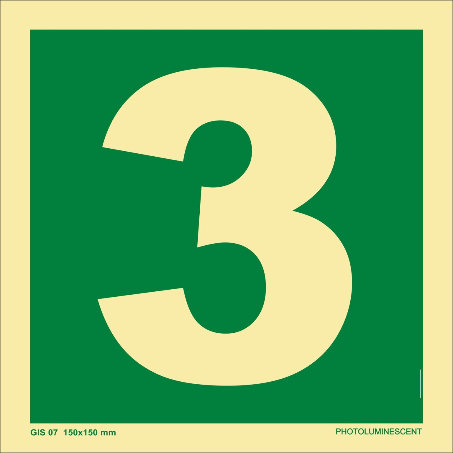 KTI Photo Luminescent Numeric 3 Signage 150X150mm
